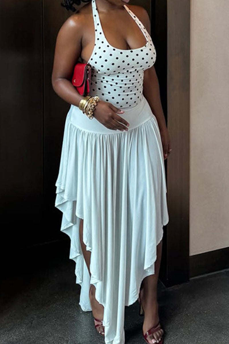 Women's Halter Neck Backless Polka Dot Print Vacation Top Or Irregular Hem Skirt