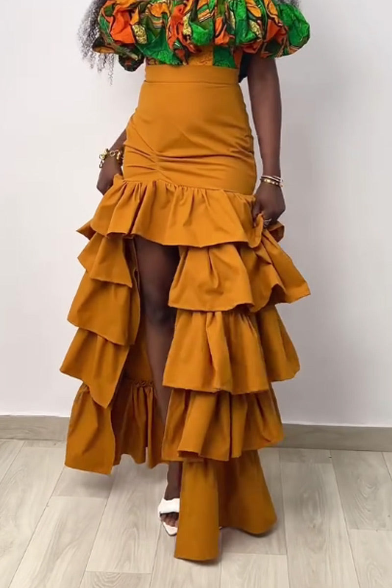 Women's Off Shoulder Bubble Ruffle Spaghetti Strap Ruched Waist Crop Cami Top Or High Waist Multi Tier Ruffle Front High Slit Wide Leg Flowy Pants