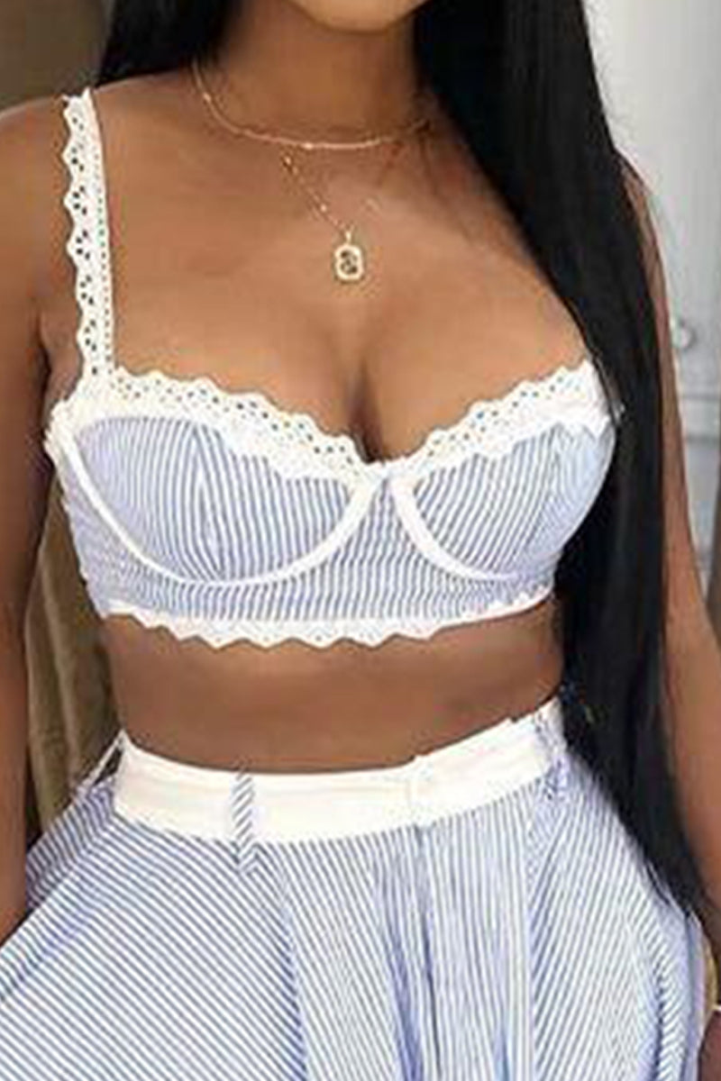 Women's Lace Trimmed Cropped Camisole Vacation Top Or Striped Lace Skirt
