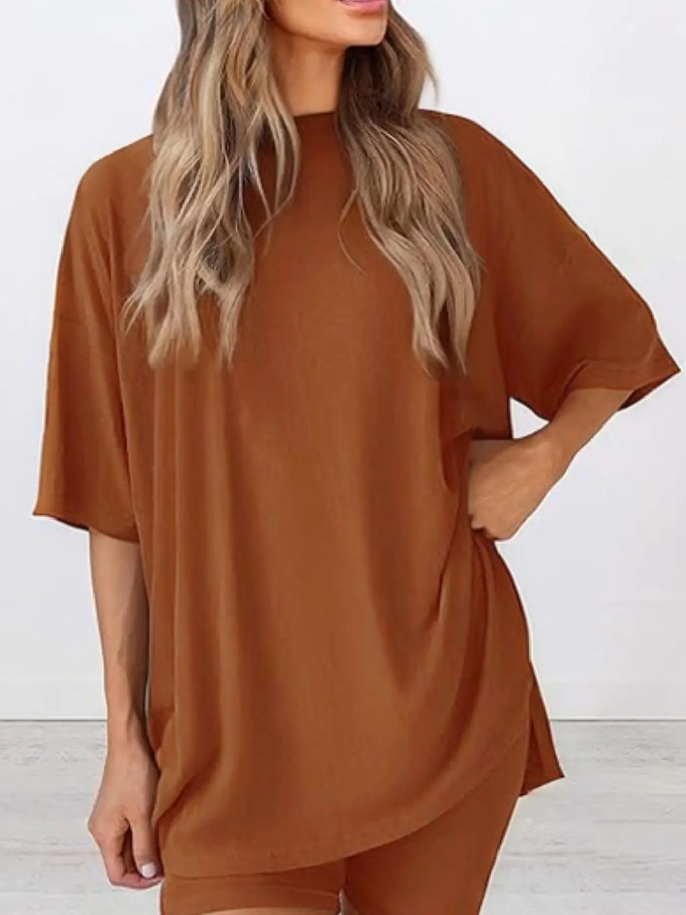 Women's Solid Color T-Shirt and Tight Shorts Set, Casual Summer Comfort Round Neck Sleepwear, Pocket Design, Outdoor Wear