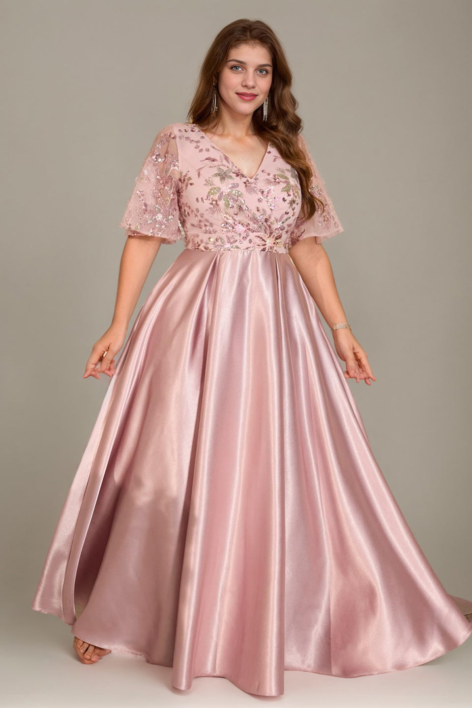 Curveins Plus Size V Neck Sequin Floral Patchwork Elegant Flowy Maxi Dress