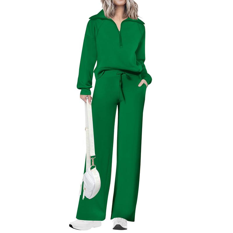 Women's Casual 2-Piece Sweatsuit Set - Half Zip Pullover Sweatshirt & Wide Leg Pants with Drawstring - Matching Tops & Sweatpants for Comfort