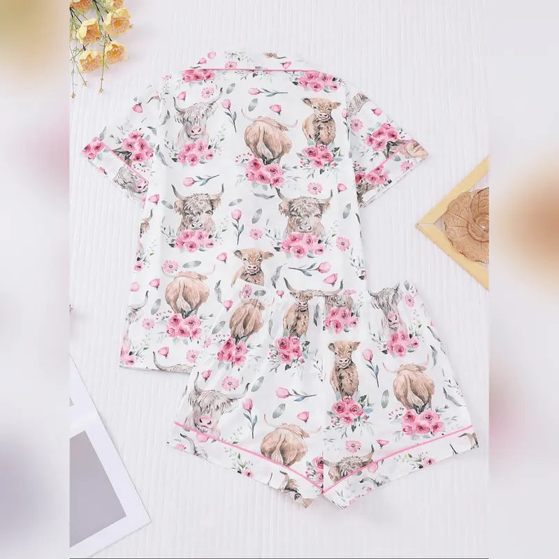 Women's Floral & Cow Print Top & Shorts Pajama Two-piece Set, Casual Comfy Short Sleeve Top & Shorts Pajama Set