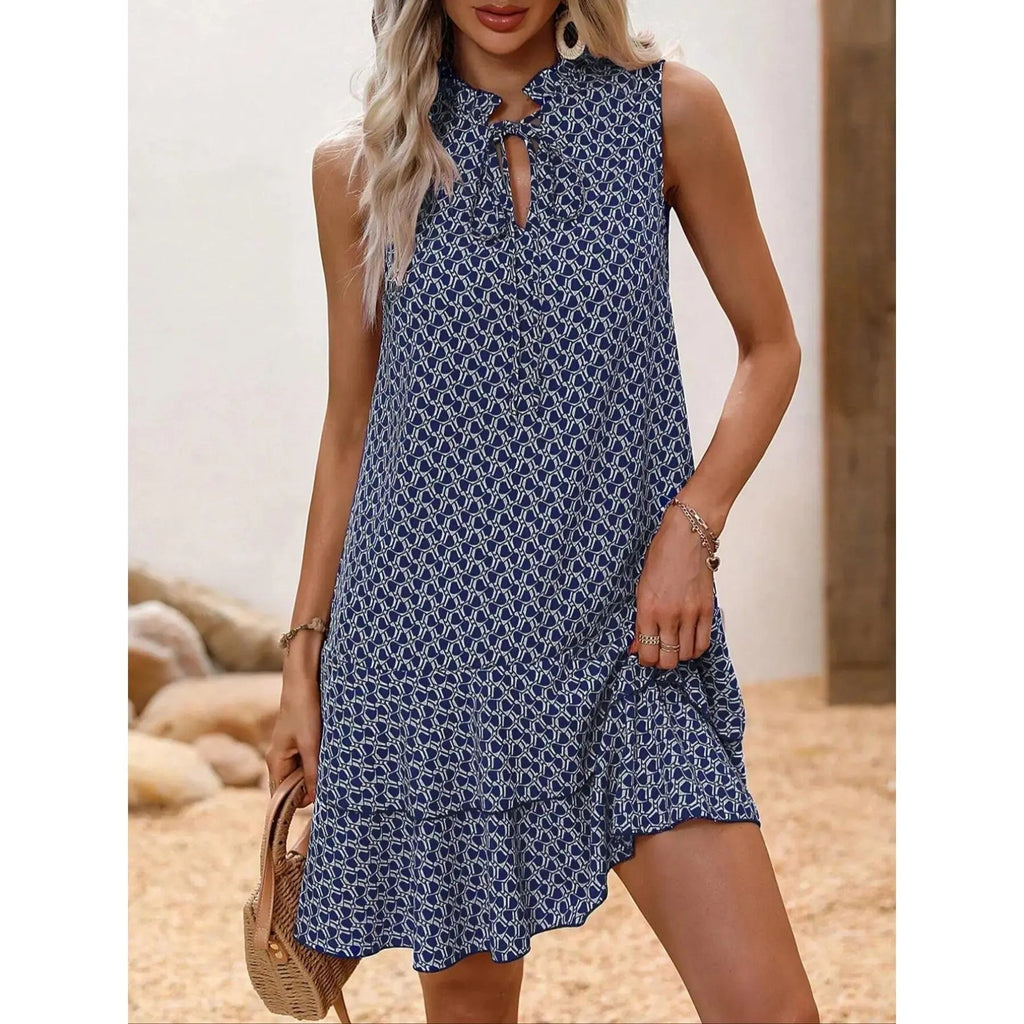 Women's Geometric Print Bow Tie Dress, Tiered Layer Cake Skirt, Casual Spring Summer Wear, Fitted Short Sleeveless Design