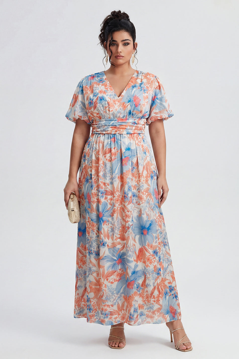 Curveins Plus Size V Neck Puff Sleeve Floral Pattern Elegant Flowing Maxi Dress