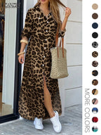 Women's Leopard Print Button Front Flap Pocket Shirt Fabric Dress, Casual Curved Hem Long Sleeve Collared Long Dress for Daily Wear, Ladies' Clothes for All Seasons, Womenswear