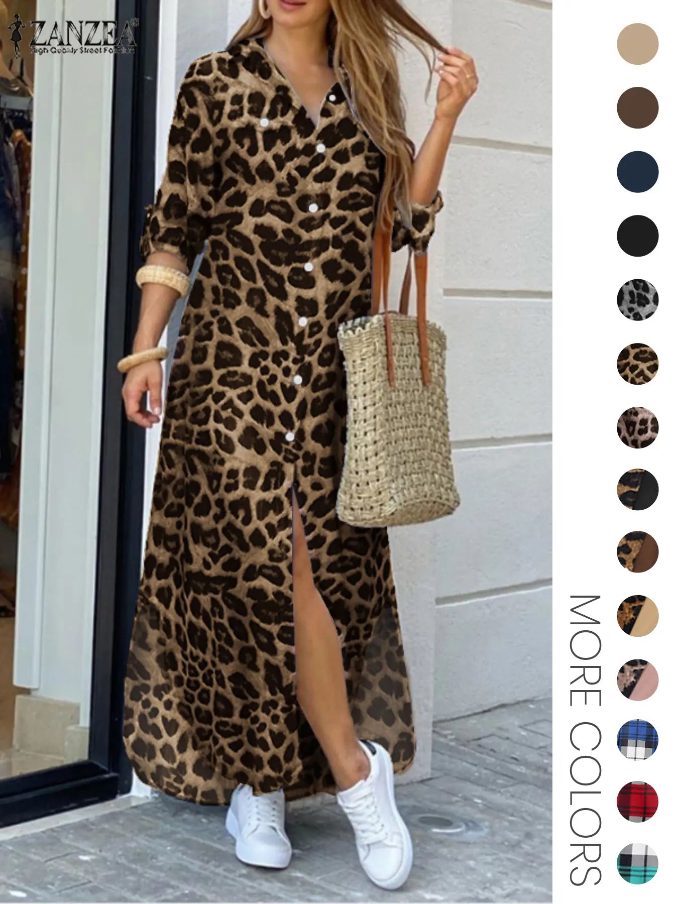 Women's Leopard Print Button Front Flap Pocket Shirt Fabric Dress, Casual Curved Hem Long Sleeve Collared Long Dress for Daily Wear, Ladies' Clothes for All Seasons, Womenswear