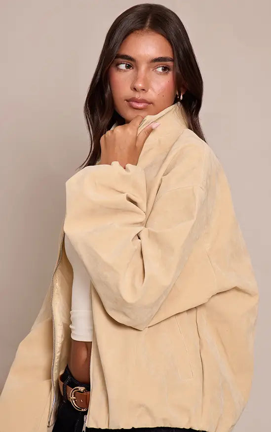 Mushroom Faux Suede Bomber Jacket