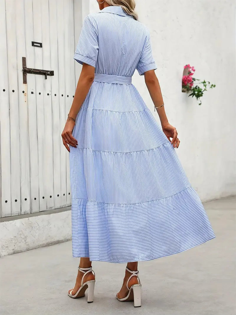 Women's Striped Print Belted   Dress, Elegant Casual  Long Dress for Summer, Women's Clothing for Daily Wear