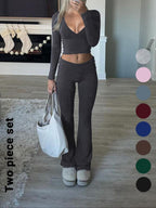 Elegant Casual V-Neck Long Sleeve Two-Piece Set, Slim-Fit Crop Top & Pants for Fall Winter, Moderate Fabric, Plain Color Design