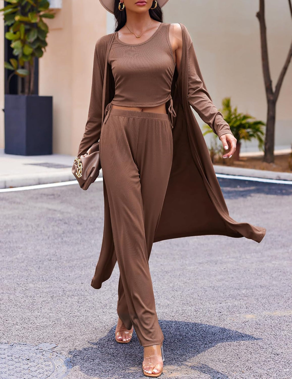 Women's 3 Piece Lounge Set Pajama Long Sleeve Cardigan Sleeveless Top Pants Sweatsuit