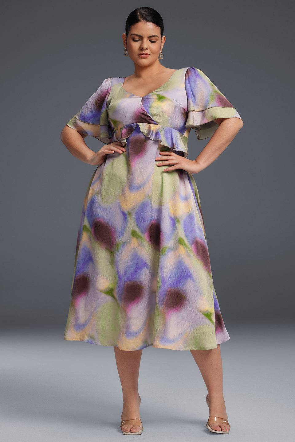 Curveins Plus Size V-Neck Double-Layered Ruffle Sleeve Maxi Dress