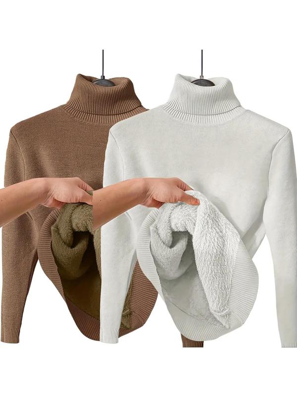 Women's Solid Thermal Lined Drop Shoulder High Neck Sweater, Casual Solid Long Sleeve Jumper For Daily Outdoor Wear, Women Knit Top for Fall & Winter