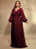 Curveins Plus Size Sequin V Neck Lantern Sleeve Maxi Dress