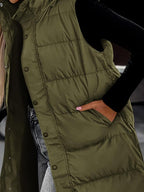 Women's Long Puffer Vest with Quilted Hood and Button Down Closure for Winter Coat 2025 - Tops, Womenswear