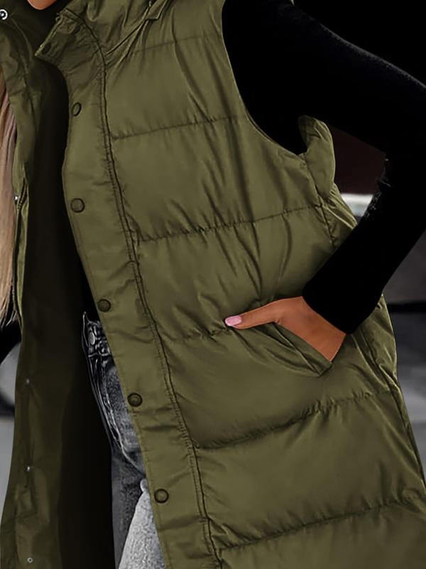 Women's Long Puffer Vest with Quilted Hood and Button Down Closure for Winter Coat 2025 - Tops, Womenswear