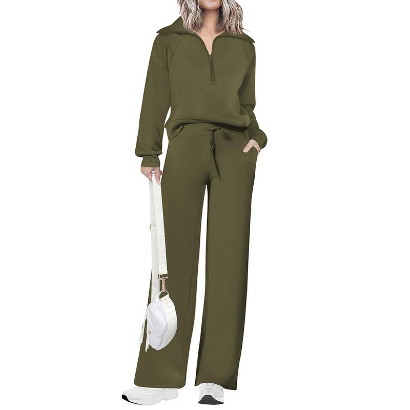 Women's Casual 2-Piece Sweatsuit Set - Half Zip Pullover Sweatshirt & Wide Leg Pants with Drawstring - Matching Tops & Sweatpants for Comfort