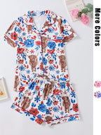 Women's Floral & Cow Print Top & Shorts Pajama Two-piece Set, Casual Comfy Short Sleeve Top & Shorts Pajama Set