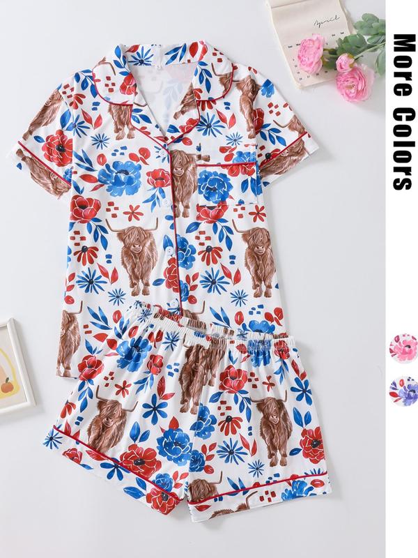 Women's Floral & Cow Print Top & Shorts Pajama Two-piece Set, Casual Comfy Short Sleeve Top & Shorts Pajama Set