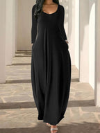 Women's Long Nightgown, Coffee Leopard Print, Casual Round Neck Long Sleeve Pocket Sleepwear, Soft Comfortable All-Season Loungewear
