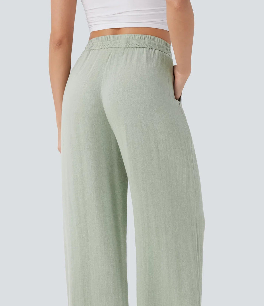 Casual High-Waisted Linen Trousers with Drawstring and Wide Pockets