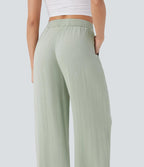 Casual High-Waisted Linen Trousers with Drawstring and Wide Pockets