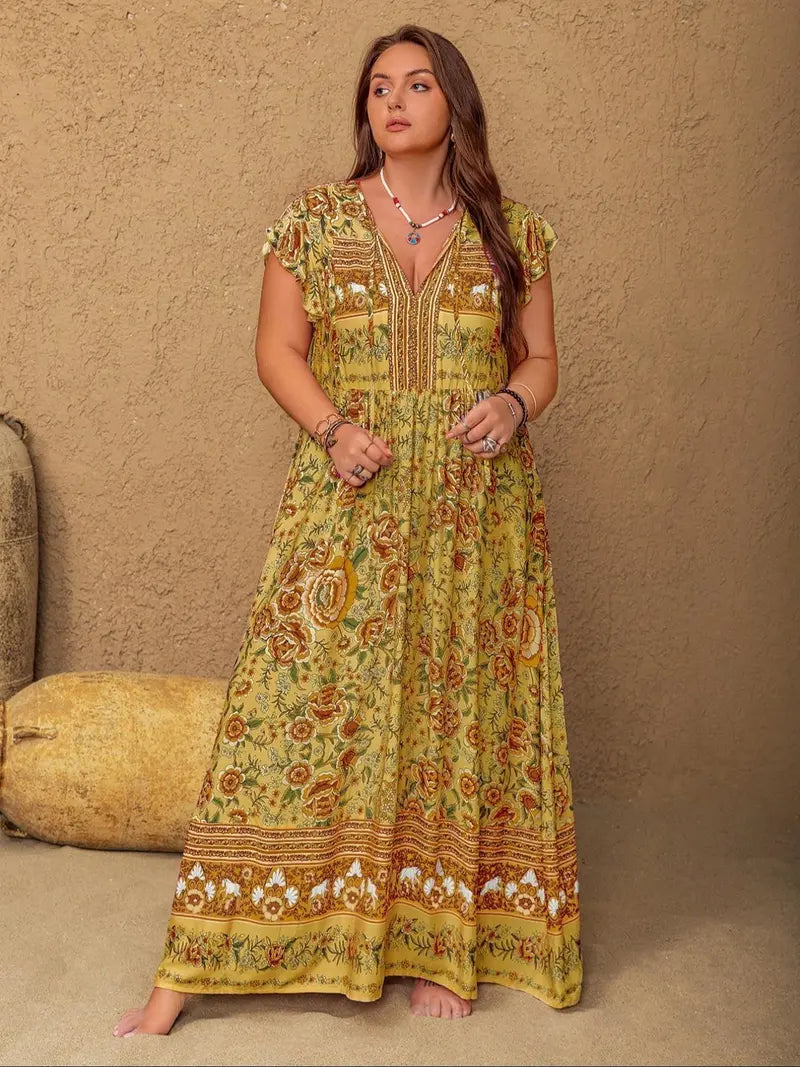 [Plus Size] Floral Print V-Neck Maxi Dress