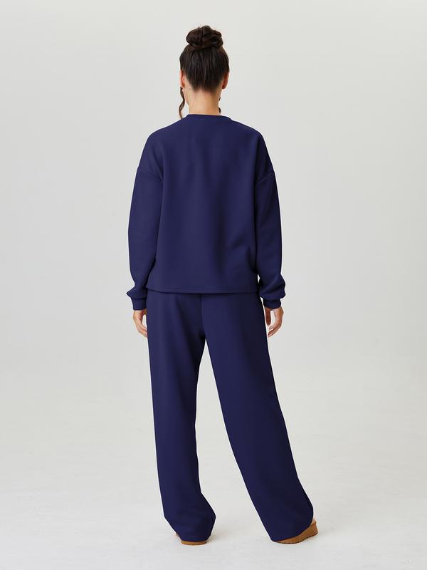 Women's Casual Solid Color Loose Long Sleeve Top & Exposed Stitches Trousers Co-ord