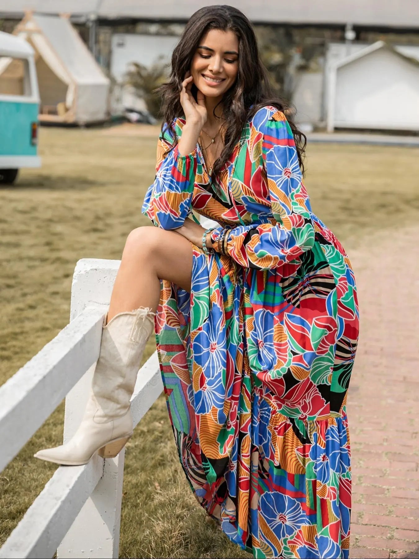 Women's Boho Style Long Sleeve Woven Paisley Print Dress, Fitted Waist Design, Comfortable, Casual & Stylish for All Seasons, Perfect for Beach