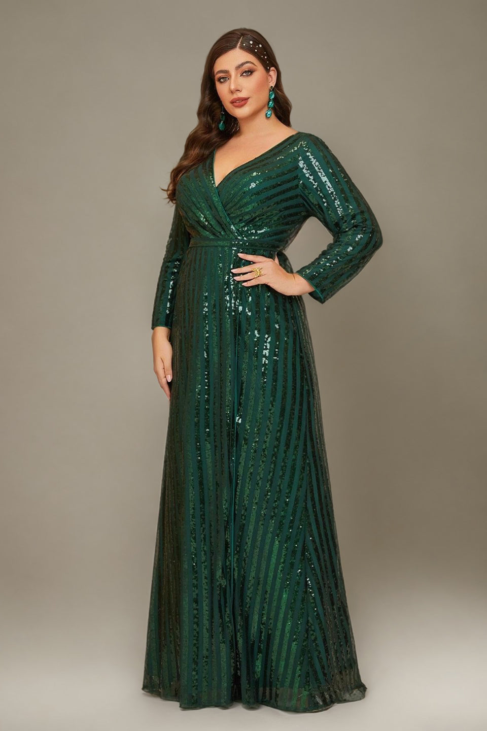 Curveins Plus Size V-Neck Sparkling Striped Sequin Evening Maxi Dress