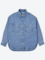 Women's Plain Button Front Drop Shoulder Curved Hem Denim Jacket, Casual Long Sleeve Pocket Design Collar Outerwear for Daily Wear, Ladies Clothes for All Seasons