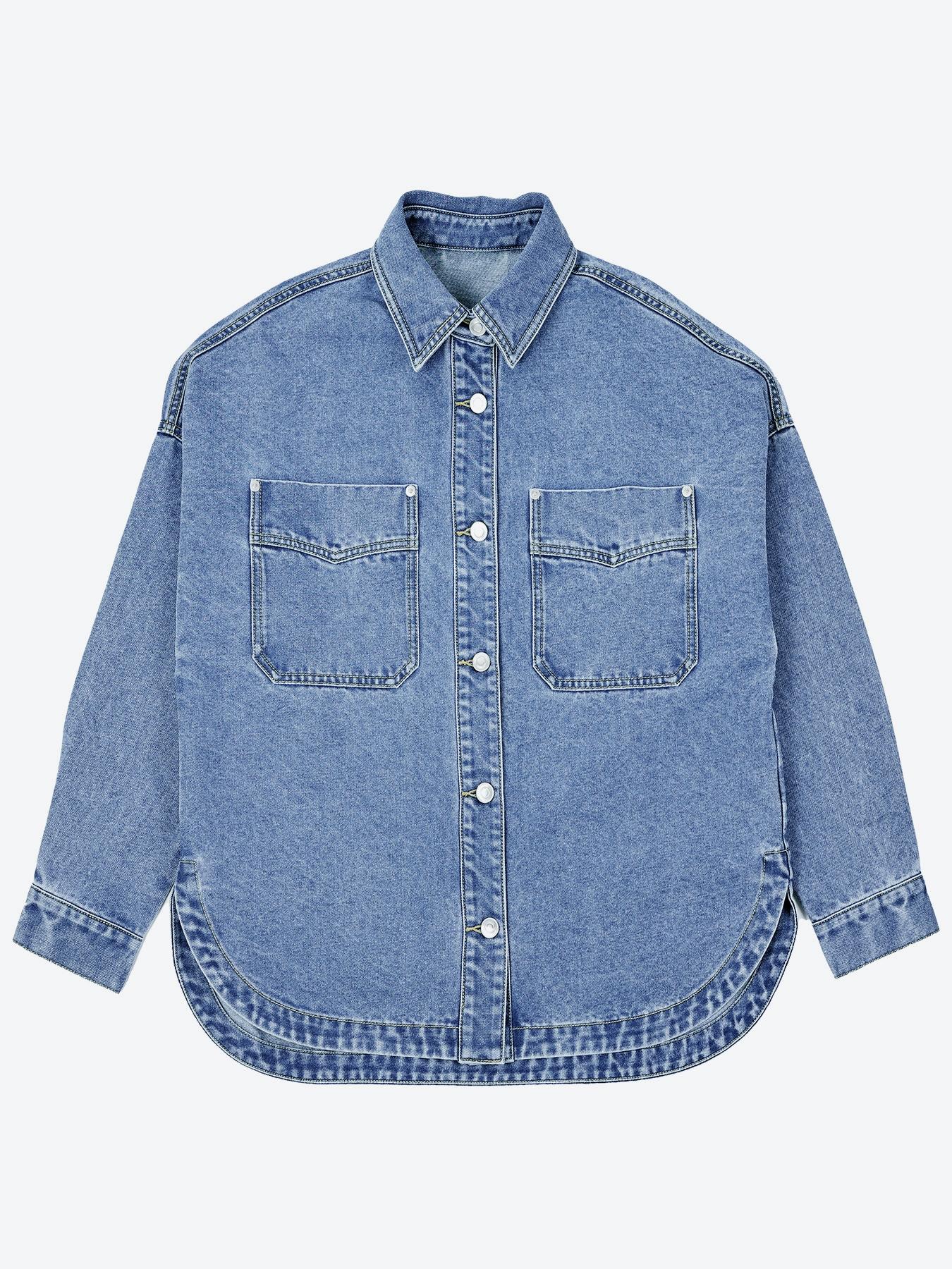 Women's Plain Button Front Drop Shoulder Curved Hem Denim Jacket, Casual Long Sleeve Pocket Design Collar Outerwear for Daily Wear, Ladies Clothes for All Seasons