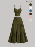 Women's Solid Woven Crop Cami Top & Pleated A-line Skirt Two-piece Set