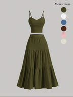 Women's Solid Woven Crop Cami Top & Pleated A-line Skirt Two-piece Set