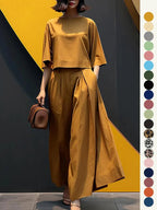 Women's Top & Wide Leg Pants Two-piece Set, Casual Fashion Minimalist Cozy Three Quarter Length Sleeve Top & Trousers for Daily Outdoor Wear, Ladies Clothes for All Seasons, Womenswear