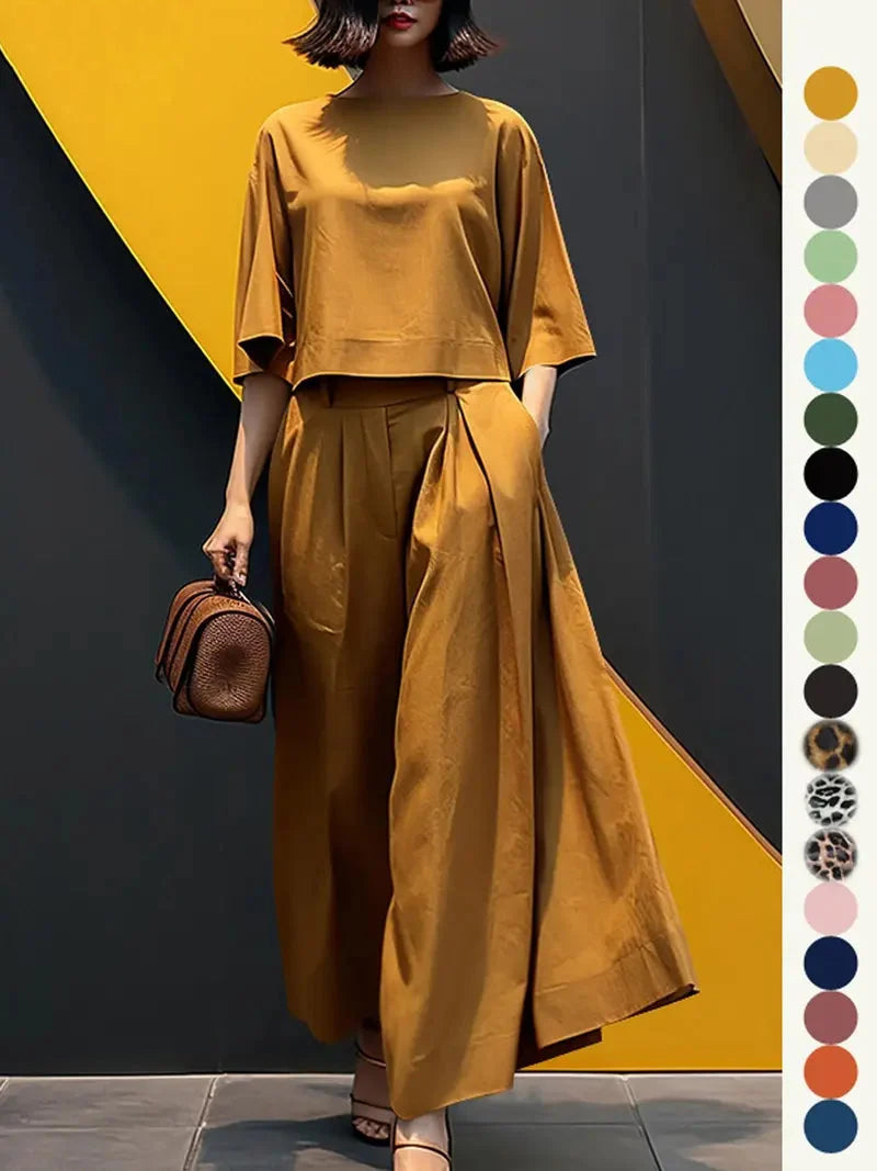 Women's Top & Wide Leg Pants Two-piece Set, Casual Fashion Minimalist Cozy Three Quarter Length Sleeve Top & Trousers for Daily Outdoor Wear, Ladies Clothes for All Seasons, Womenswear