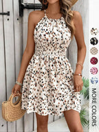 Women's All Over Print Halter Neck Dress, Boho Fashion Casual Sleeveless Short Dress for Beach Holiday Vacation, Ladies Summer Clothes