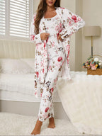 Women's All Over Floral Print Pajama Set, Long Sleeve Open Front Outwear & Pants & Cami Top