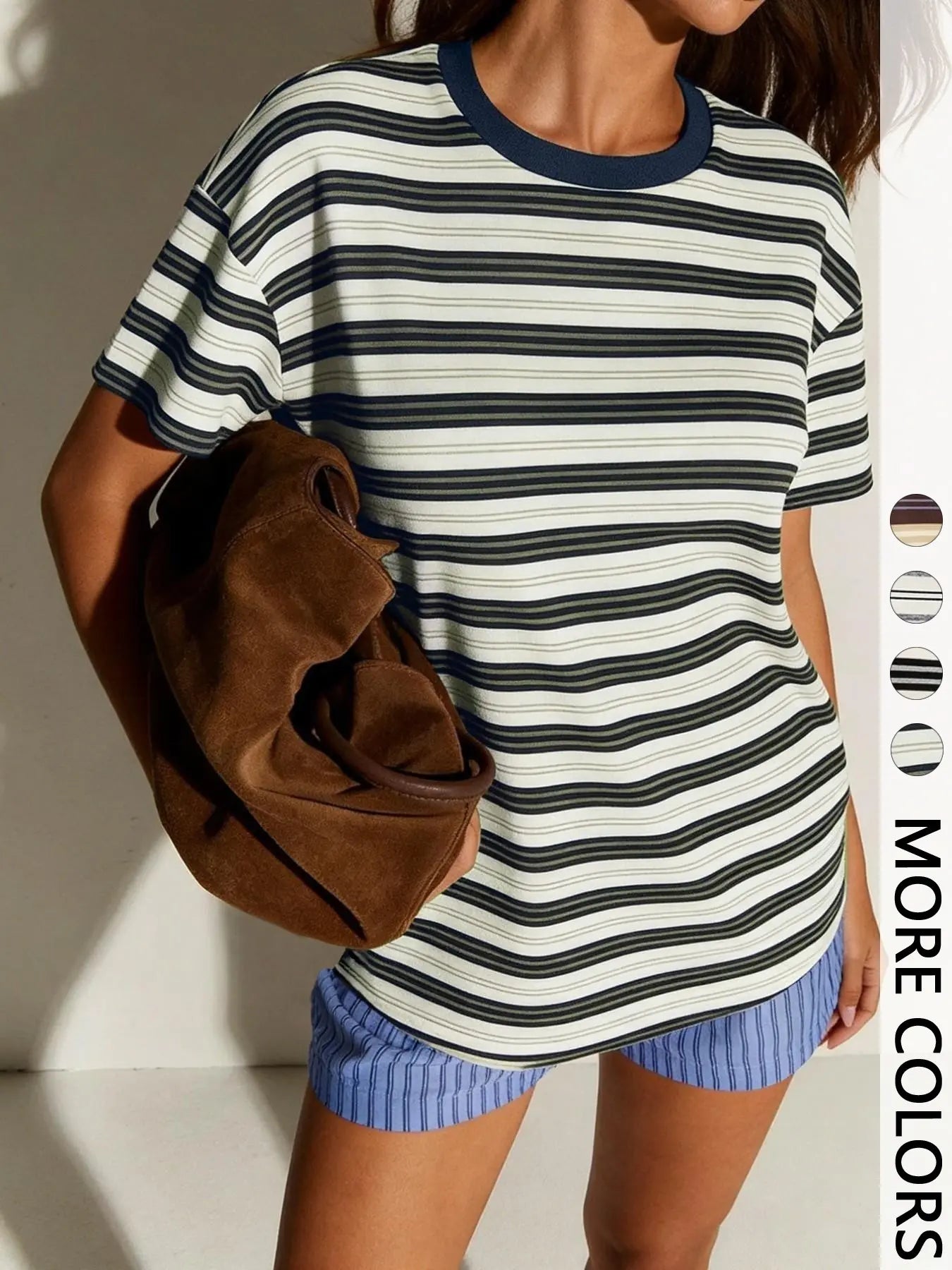 Women's Classic Casual Striped Long Sleeve Spring Fall Round Neck Fitted Top
