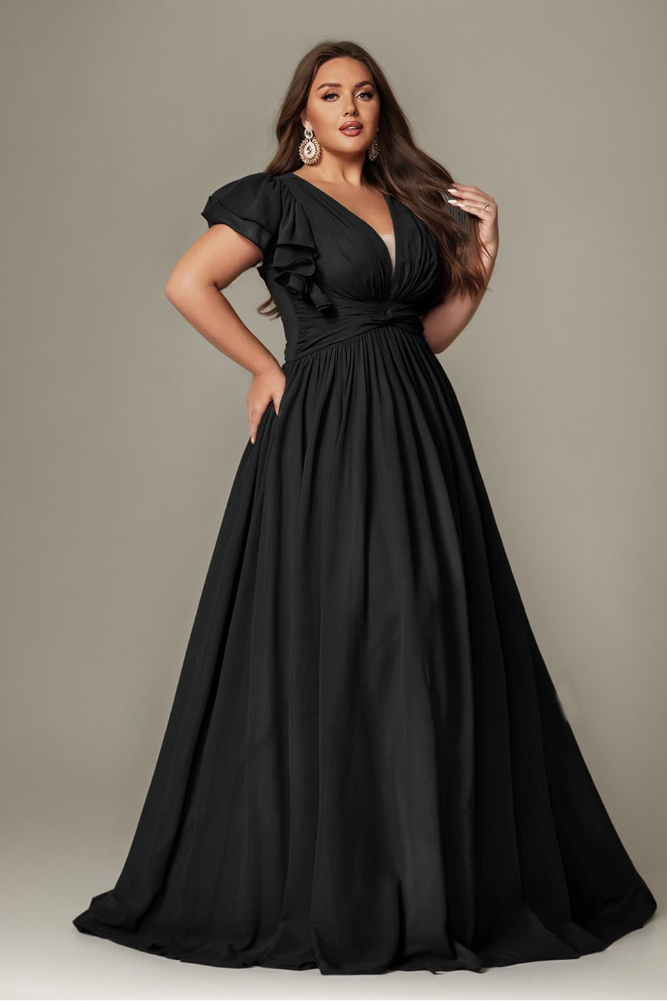 Curveins Plus Size V-Neck Ruffle Sleeve Split A-Line Maxi Dress