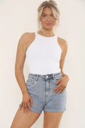 Women's stretch high-waisted rolled-up denim shorts