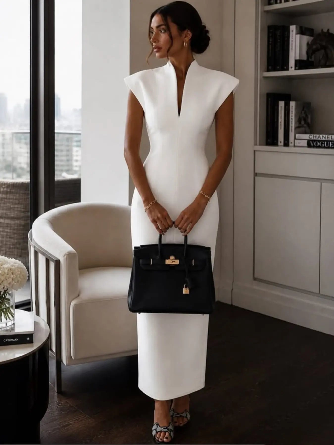 New Stand Collar V Neck Sleeveless High Waist Bodycon Dress