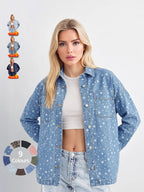 Women's Plain Button Front Drop Shoulder Curved Hem Denim Jacket, Casual Long Sleeve Pocket Design Collar Outerwear for Daily Wear, Ladies Clothes for All Seasons