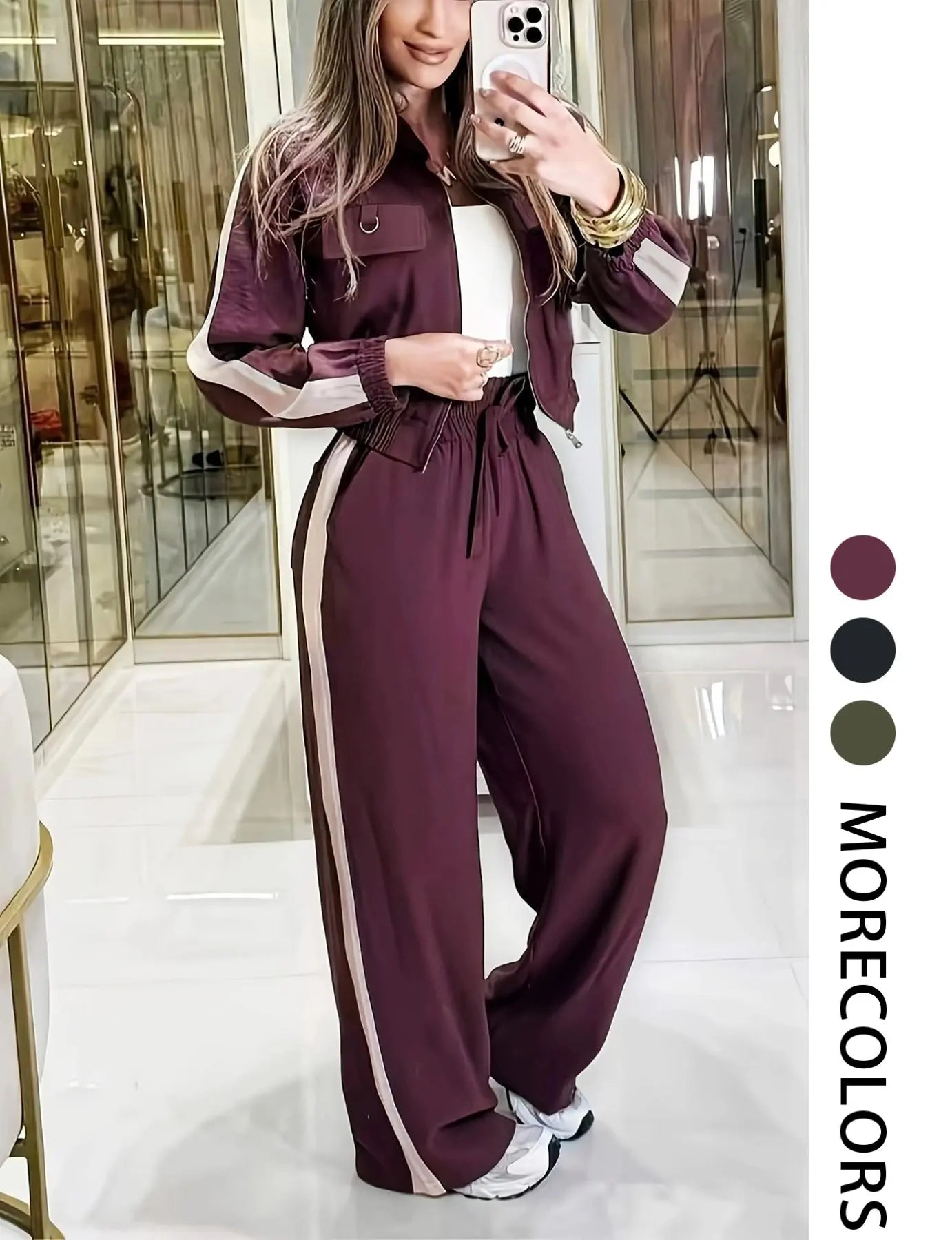 Women's Two-Piece Set, Summer Matching Sets, Short Zipper Jacket and High Waist Pants