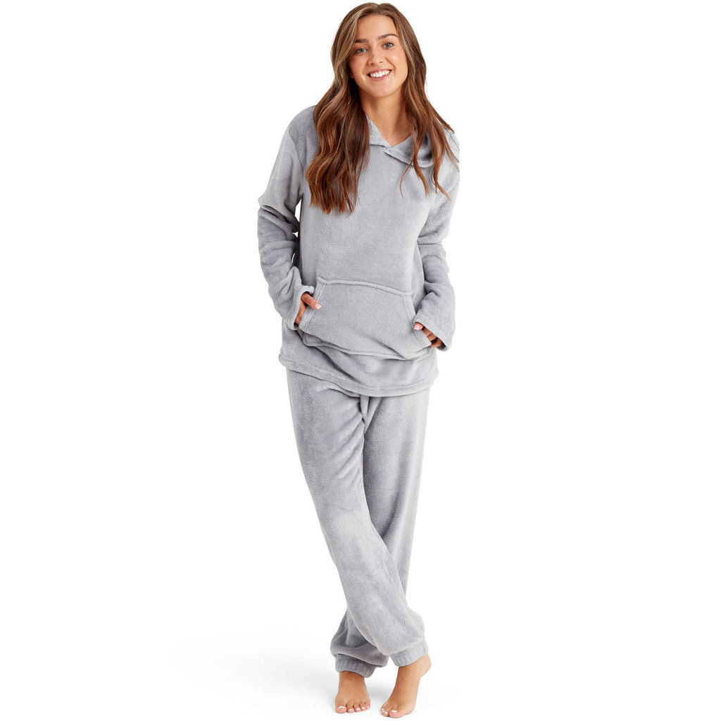 Womens Soft Fleece Hooded PJs Pyjama Bottoms Top Loungewear Set