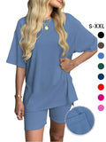 Women's Solid Color T-Shirt and Tight Shorts Set, Casual Summer Comfort Round Neck Sleepwear, Pocket Design, Outdoor Wear