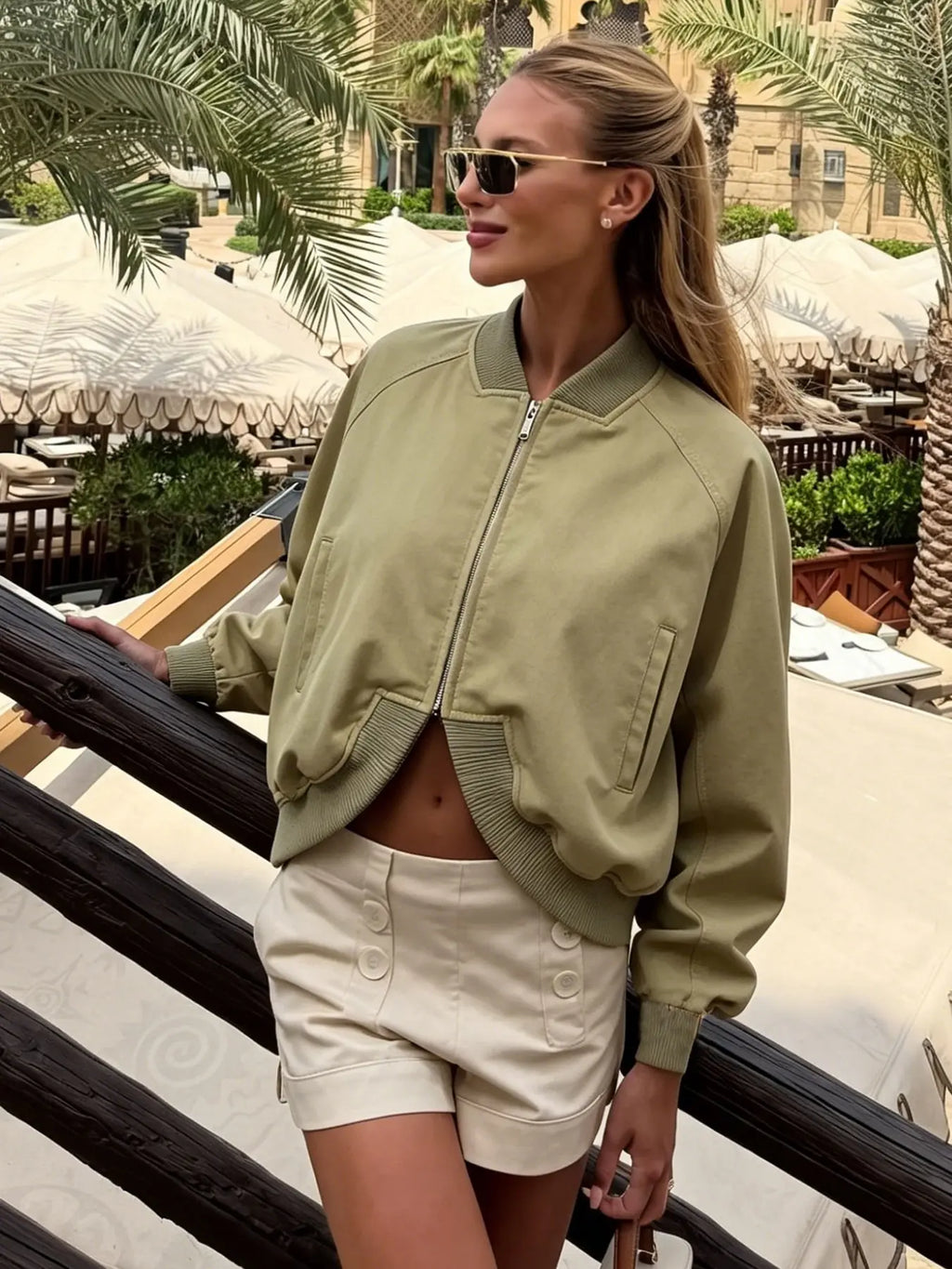 Women's Olive Green Loose Cropped Basic Bomber Jacket, Casual Zipper Coat