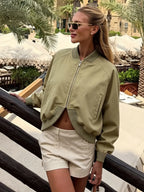 Women's Olive Green Loose Cropped Basic Bomber Jacket, Casual Zipper Coat
