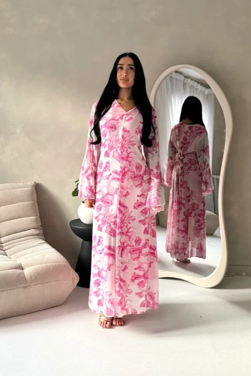 Women's elegant backless floral-lined summer dress with tie-up details