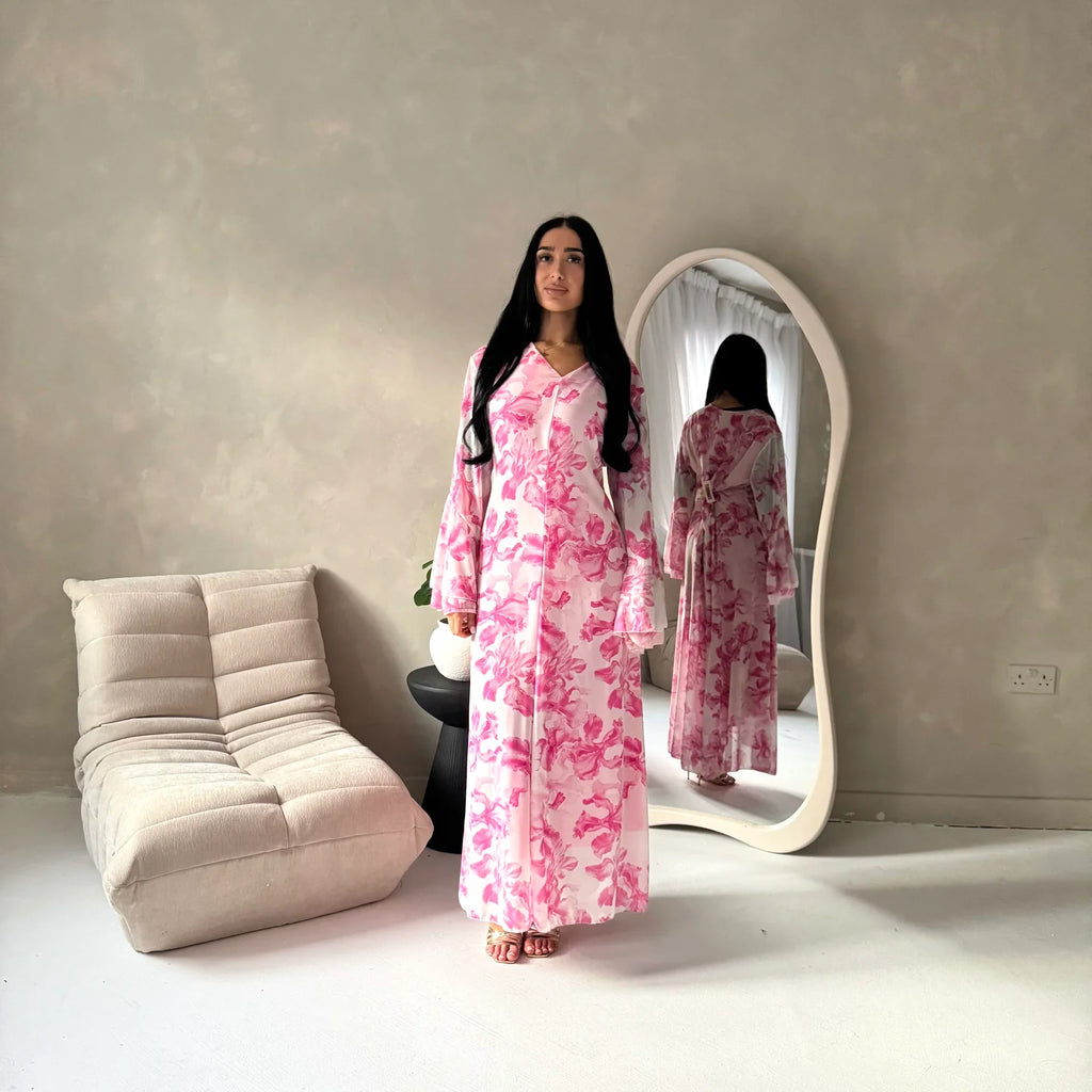 Women's elegant backless floral-lined summer dress with tie-up details